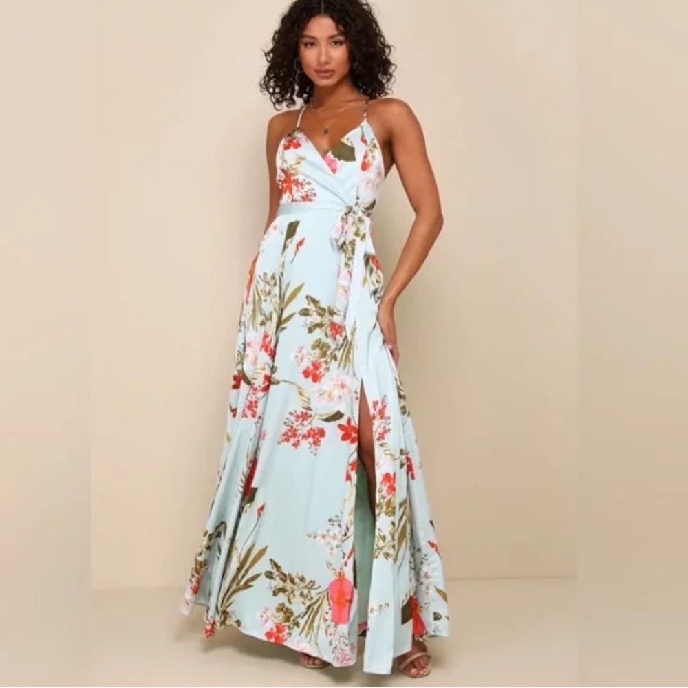 Xl Lulus Still the One Sage Green Floral Print Satin Maxi Dress